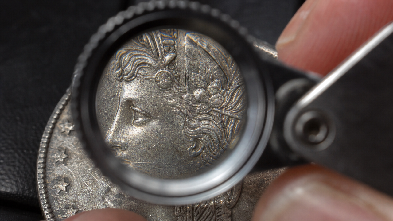 10x triplet jeweler's loupe magnifying a coin