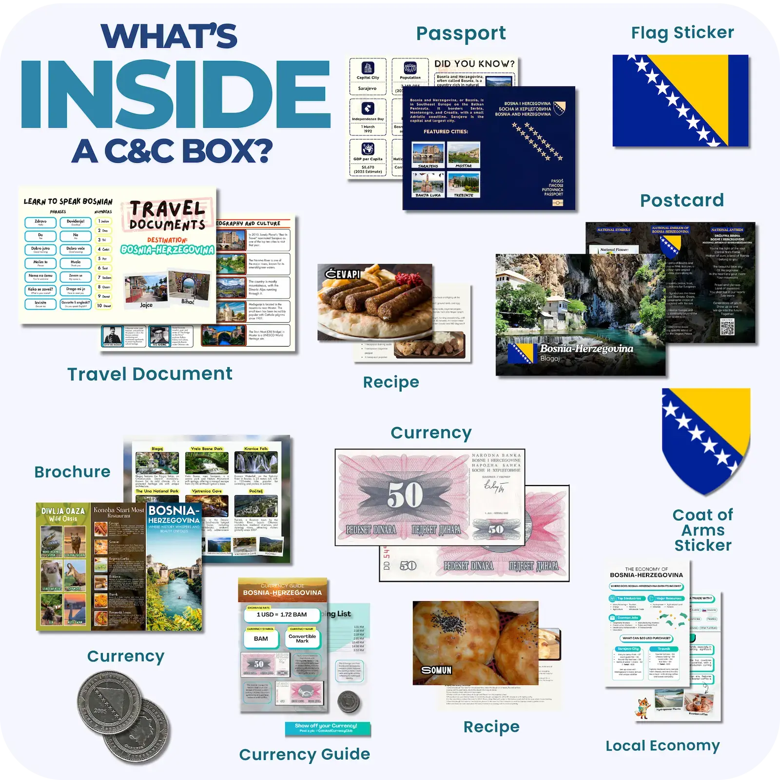 Coin & Currency Club box contents showing authentic currency, educational materials, and cultural items
